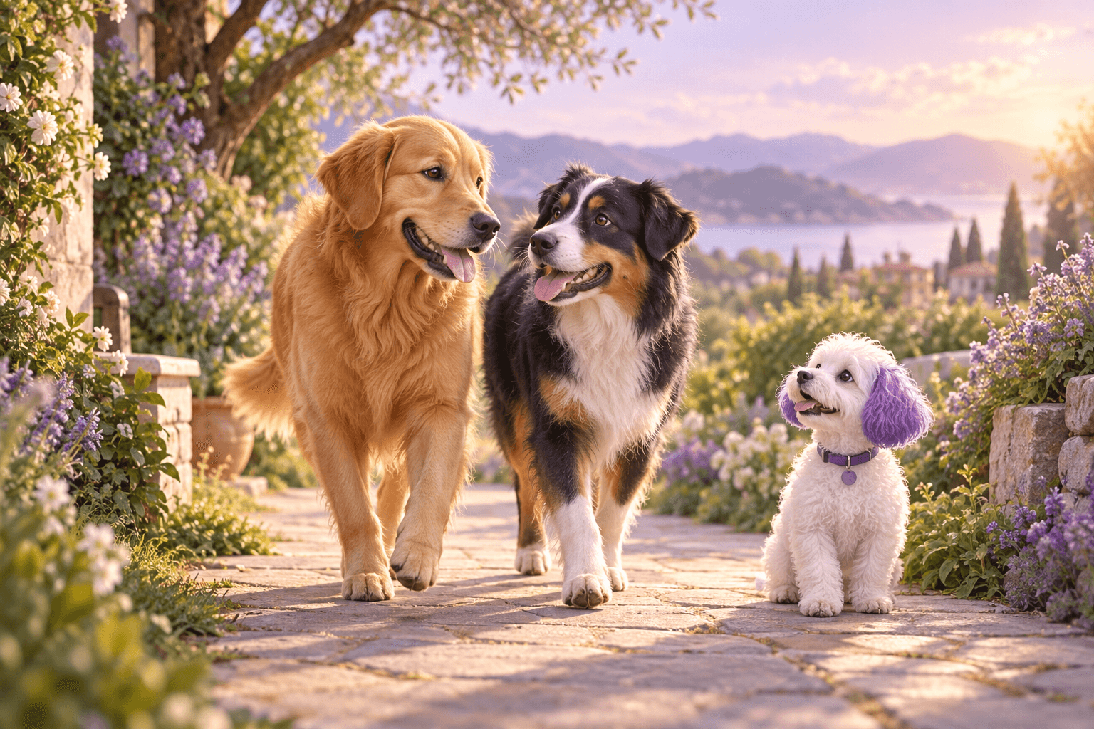 Dos perros compartiendo un paseo junto a la mascota de Kinvo
